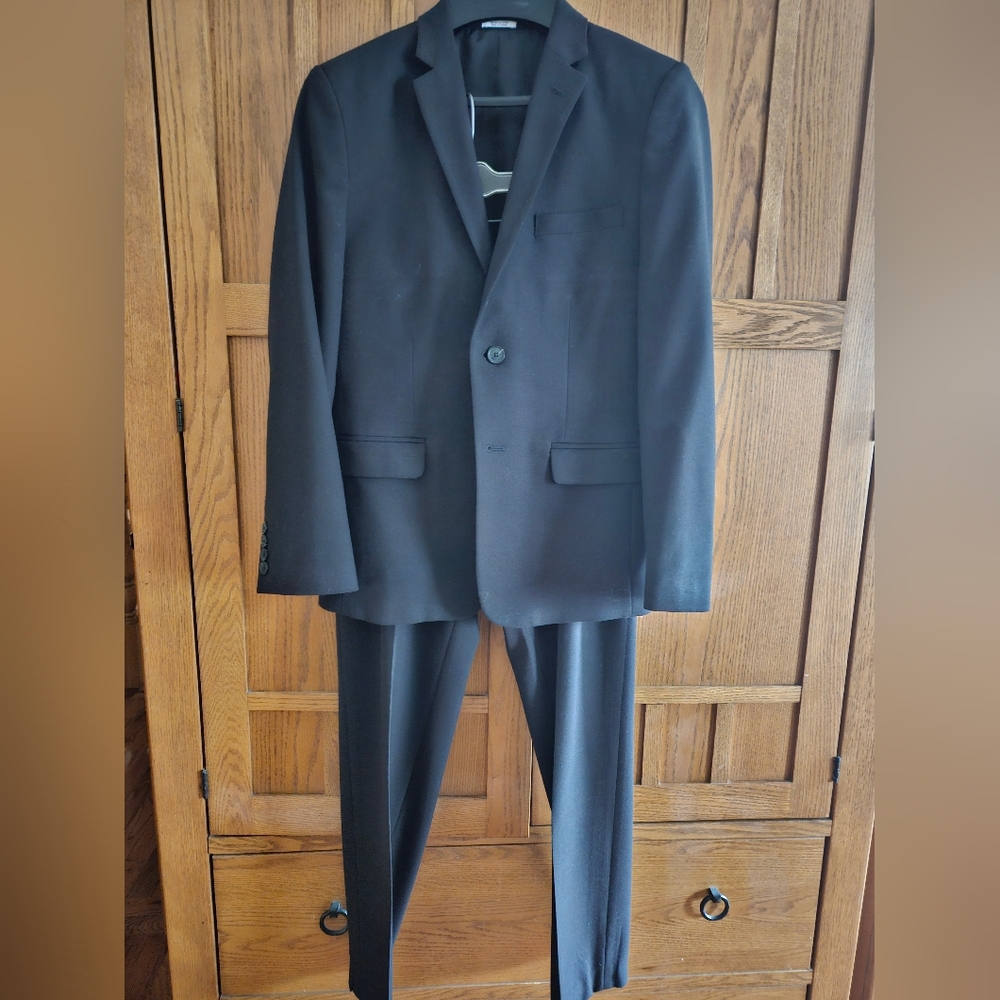 Calvin Klein Boys SZ 16  Black Suit Comes  with Belt & Jos A Banks Shirt.